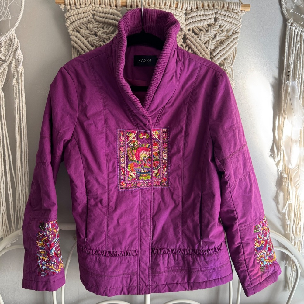KUDA Purple Quilted Embroidered Floral Jacket Ribbed Shawl Collar Womens Large